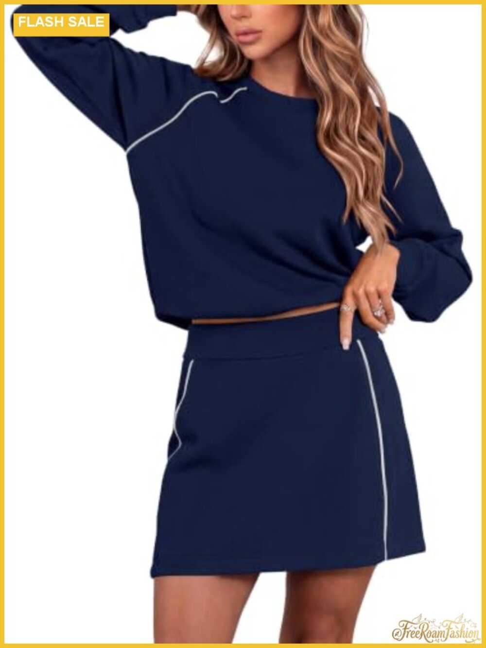 Two Piece Skirt Set Matching Lounge Outfit Crewneck Long Sleeve with Pockets